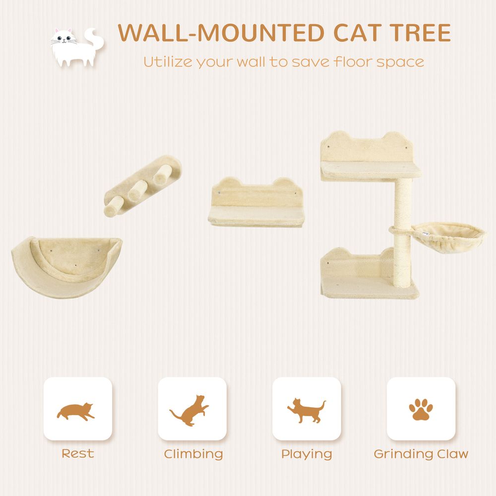 Wall-Mounted Cat Shelves w/ Hammock, Nest, Scratching Post - Beige Pawhut