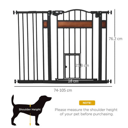 PawHut Dog Gate Pet Safety Gate Cat Door Auto Close Pine Decor 74-105 cm Wide