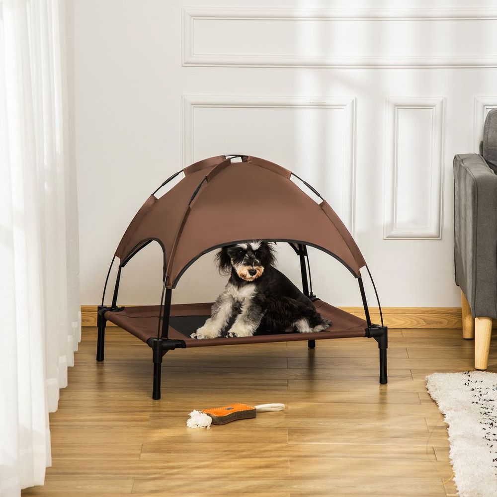 76cm Elevated Dog Bed Cooling Raised Pet Cot UV Protection Canopy Coffee