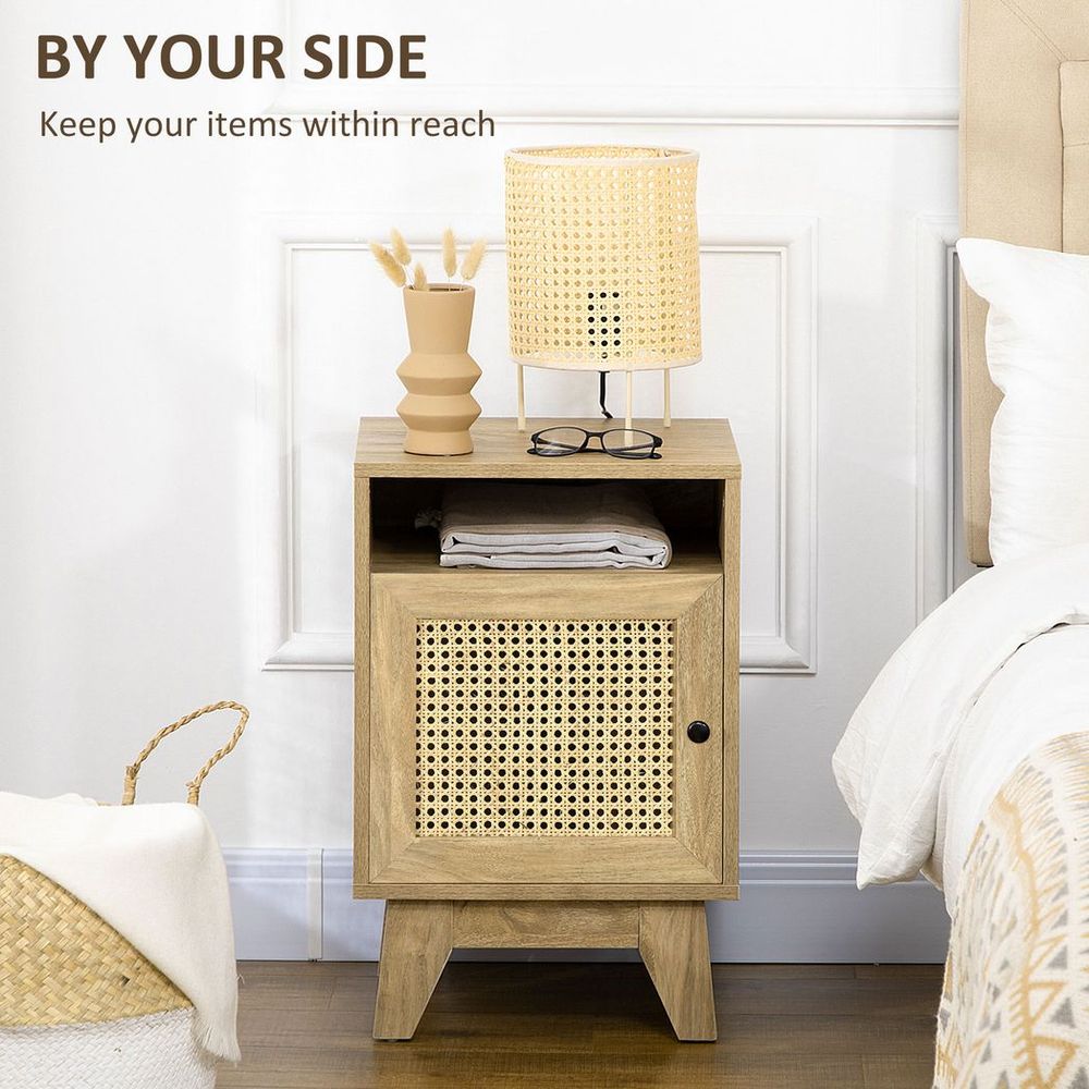 Nightstand, Bedside Table with Drawer and Shelf, End Table with Rattan Element