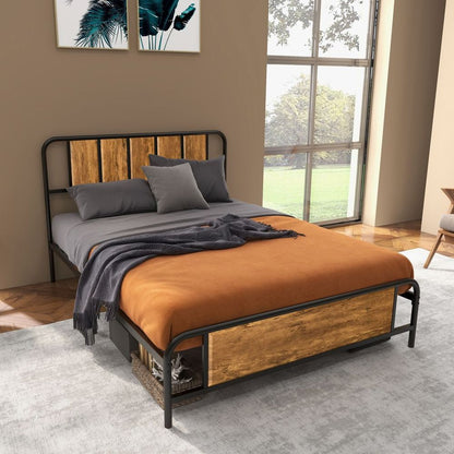 Double Bed Frame Steel Bed Base with Headboard 145 x 199cm Brown