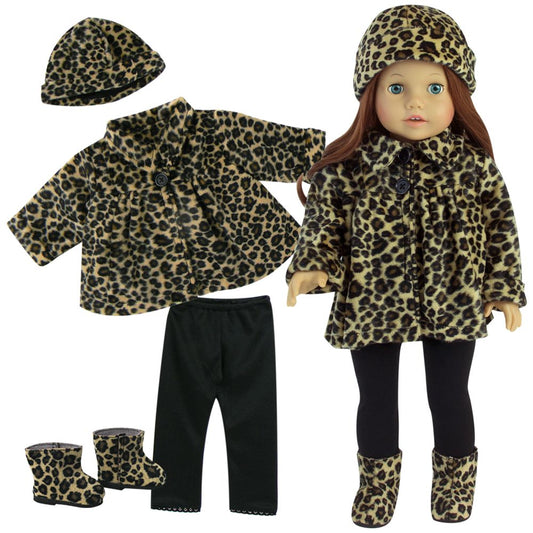 4 Piece Baby Dolls Clothes Set & Doll Shoes, 18" Doll Outfit Animal Print