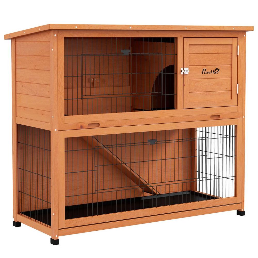 PawHut Wooden Rabbit Hutch Antiseptic Outdoor, for 1-2 Rabbits, Orange