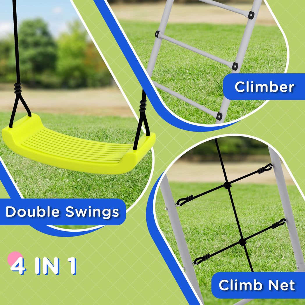 Outsunny 4-in-1 Metal Kids Swing Set with Double Swings, Climber, Climbing Net