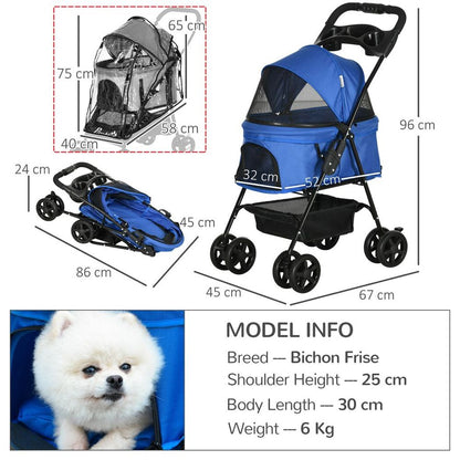 PawHut Dog Stroller with Rain Cover EVA Wheels Brake Basket Adjustable Canopy