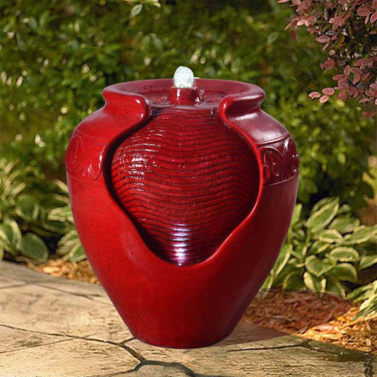 Garden Water Fountain Feature & Lights, Outdoor Red Waterfall Decor