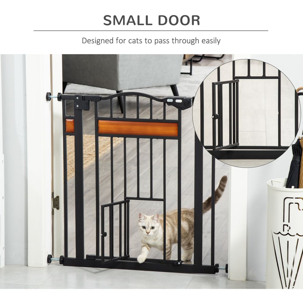 Dog Gate Pet Safety Gate Cat Door Auto Close Pine Decor 74-80 cm Wide Pawhut