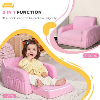 2 In 1 Kids Armchair Sofa Bed Fold Out Padded Wood Frame Bedroom Pink