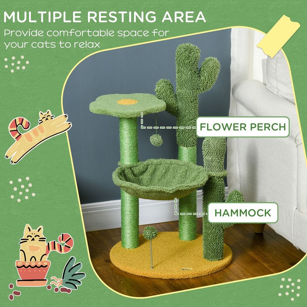 PawHut Cactus Tree for Indoor Cats, Modern Cat Tower with Hammock, Green