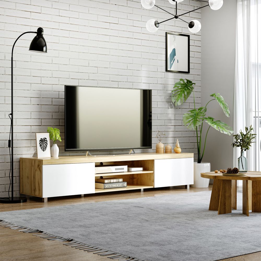 Modern Unit for TV w/ Cabinet Shelf for Living Room - Light Brown