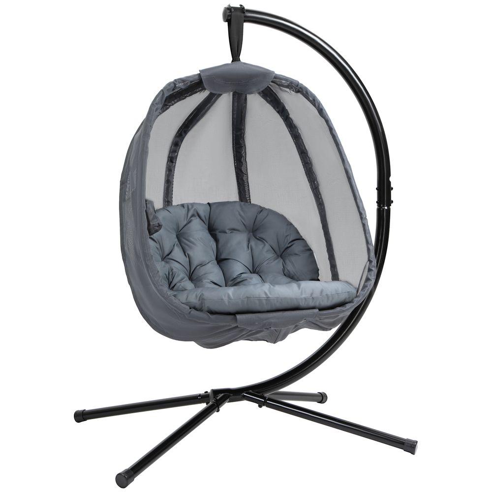 Folding Hanging Egg Chair w/ Cushion and Stand Grey - Patio Garden Furniture