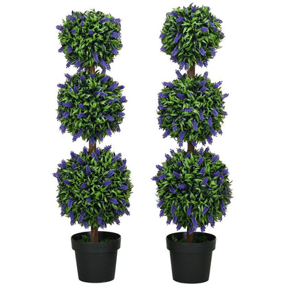 HOMCOM Set of 2 Potted Artificial Plants Ball Tree with Lavender Flowers, 110cm