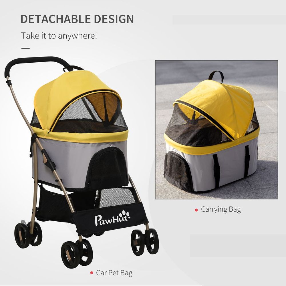 PawHut 3 In 1 Pet Stroller, Detachable Dog Cat Travel Carriage - Yellow