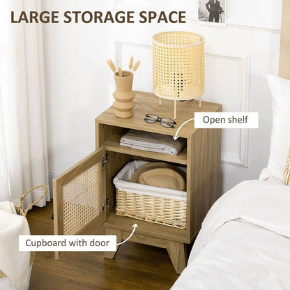 Nightstand, Bedside Table with Drawer and Shelf, End Table with Rattan Element