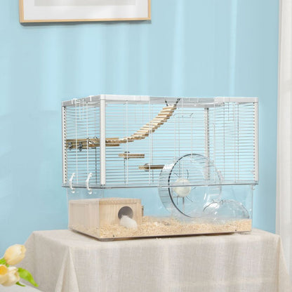 PawHut Hamster Cage, Gerbilarium Cage w/ Deep Bottom, Ramp, Exercise Wheel