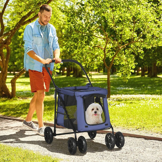 PawHut One-click Foldable Pet Stroller w/ Mesh Windows, for Small Pets - Blue