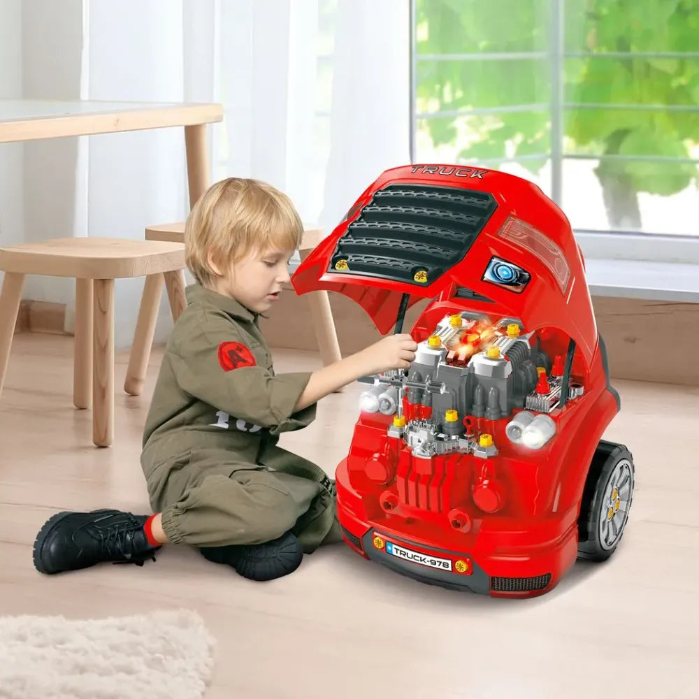 Kids Truck Engine Toy Set w/ Horn, Light, Car Key for 3-5 Years Old Red