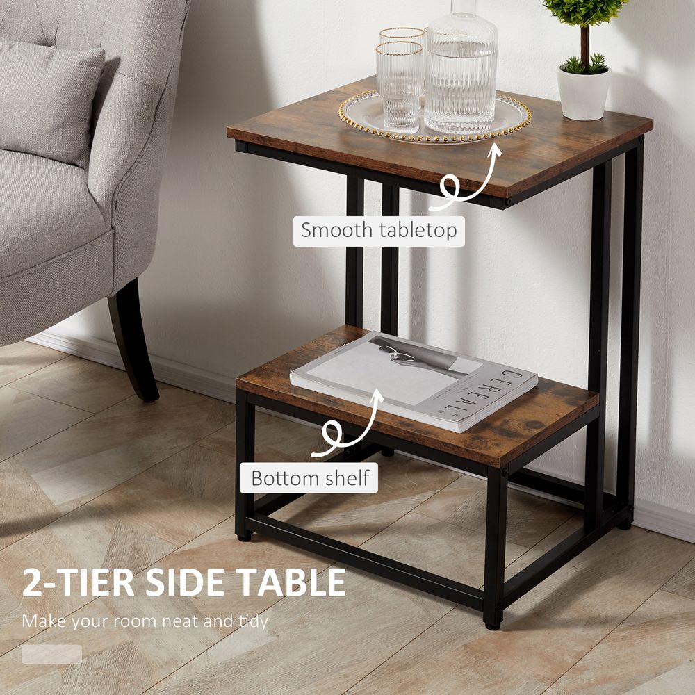 HOMCOM Doule Layer End Table Modern Coffee Table w/ Steel Frame, Rustic Brown