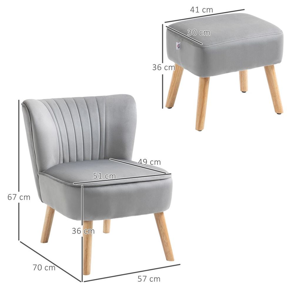 Velvet-Feel Accent Chair w/ Ottoman Tub Seat Padding Wood Legs Light Grey