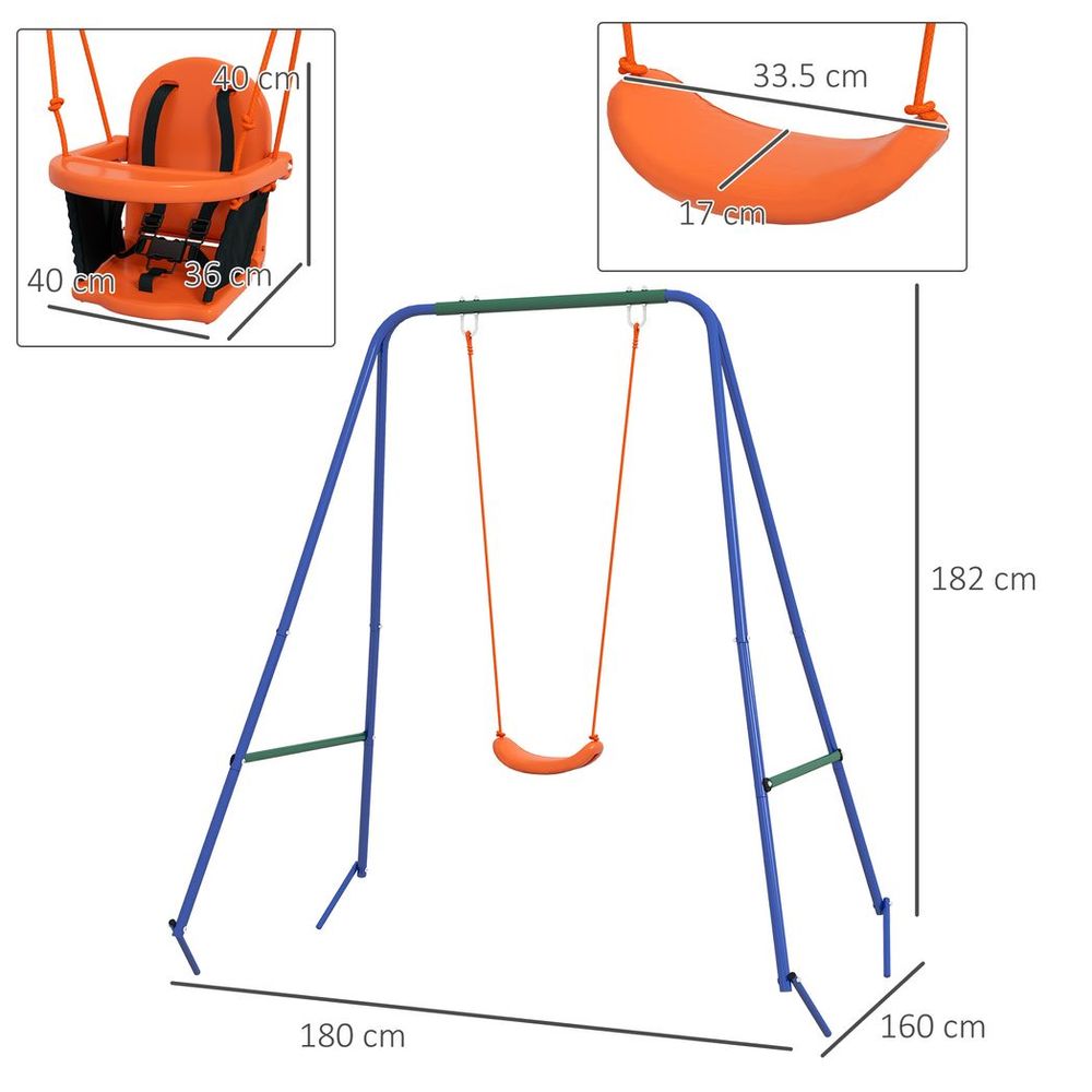 Outsunny Garden Swing Set for Toddlers, Kids with Seats, Safety Belt, Orange