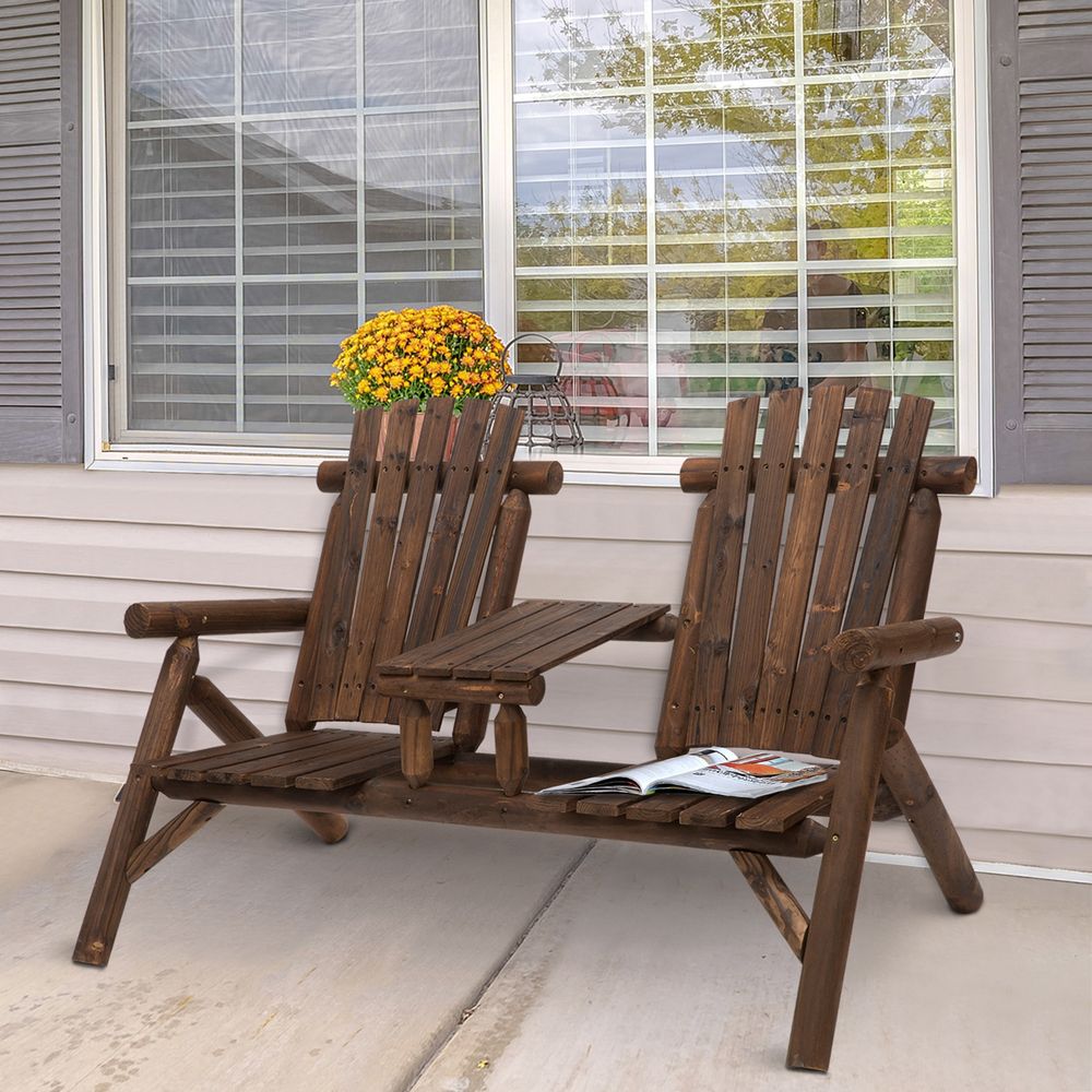 Wood Patio Chair Bench 2 Seats with Center Coffee Table, Garden Bench