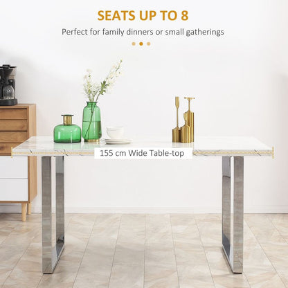 Modern Dining Table with Marble Effect Top Steel Legs for Living Room, White