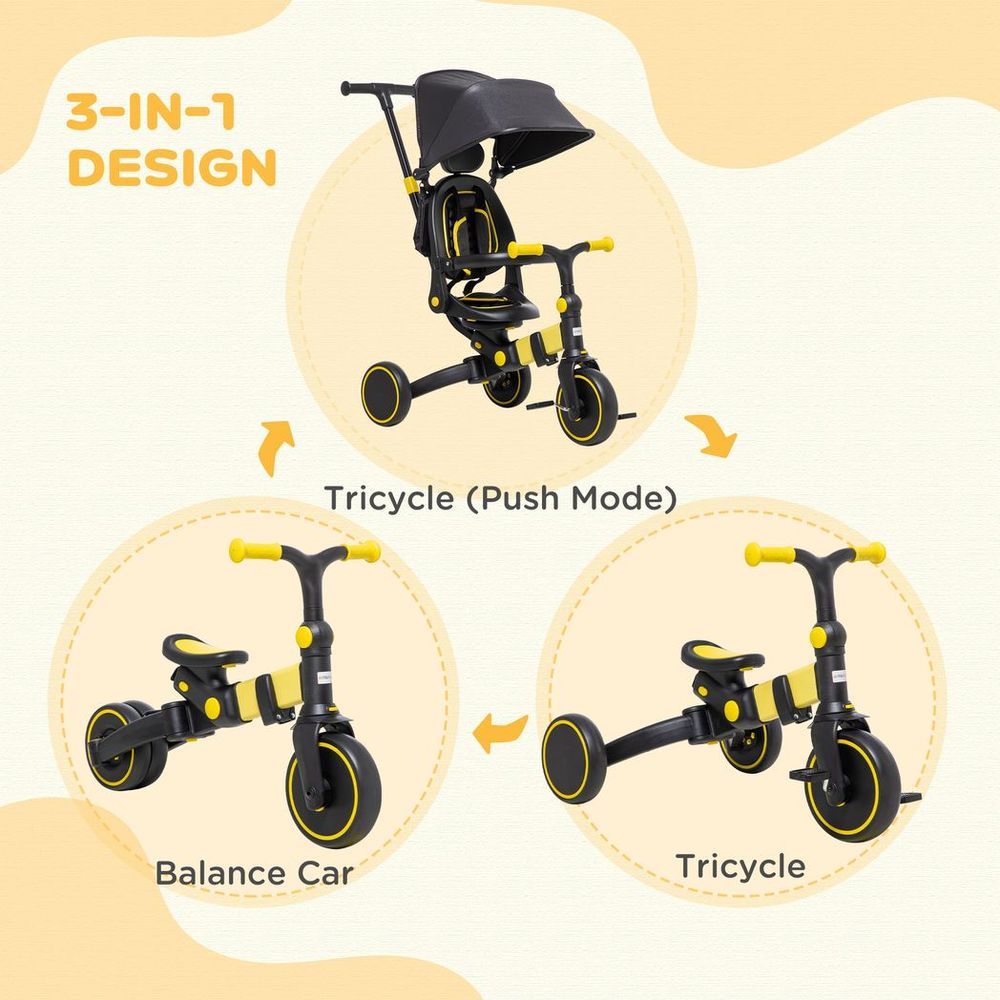 3 in 1 Baby Trike, Tricycle for Kids Adjustable Push Handle - Yellow