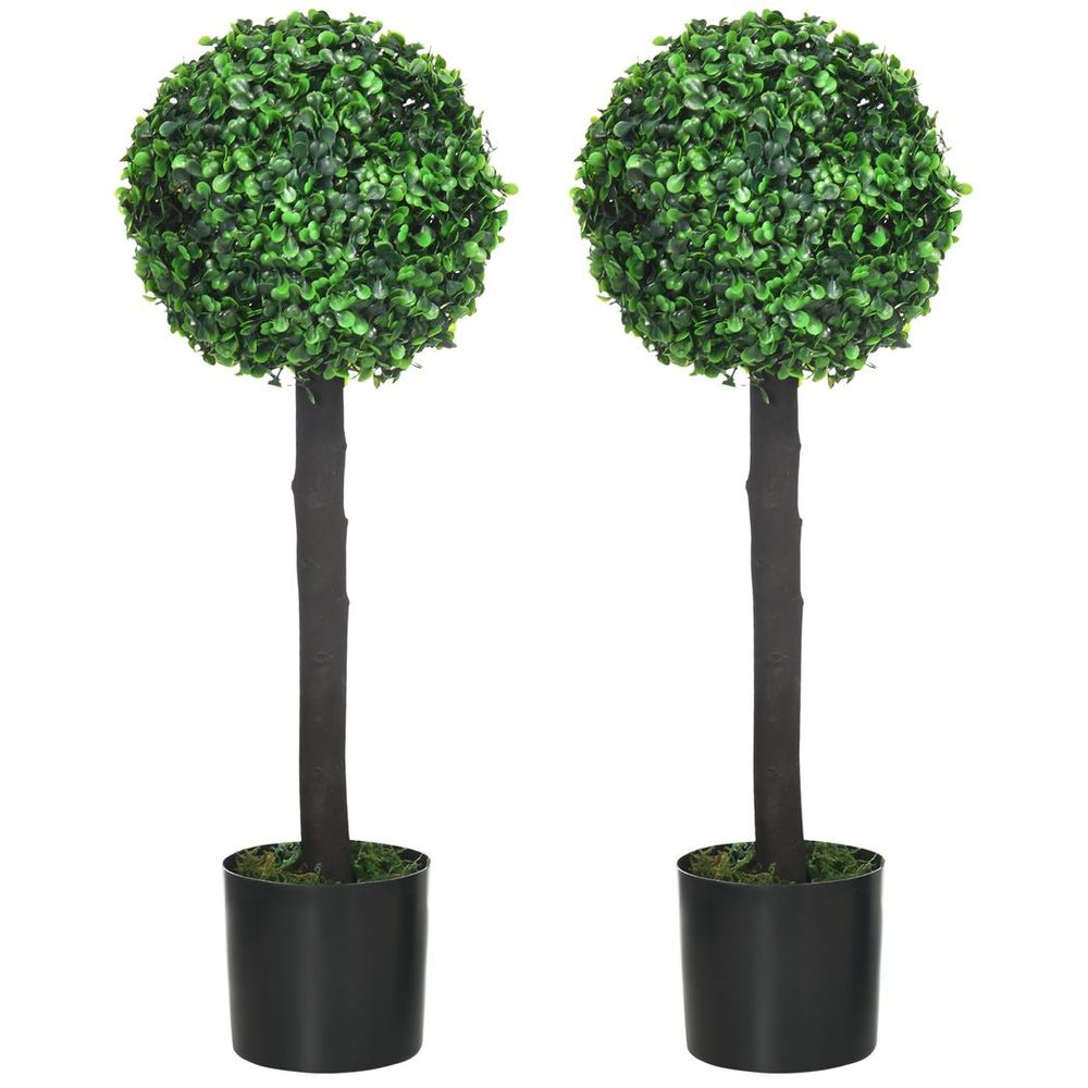 HOMCOM Set of 2 Potted Artificial Plants Boxwood Ball Trees Outdoor, 60cm