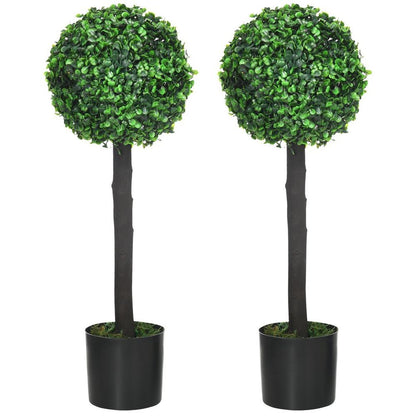 HOMCOM Set of 2 Potted Artificial Plants Boxwood Ball Trees Outdoor, 60cm