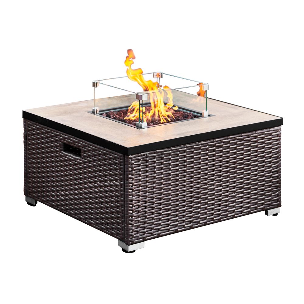 Outdoor Garden Rattan Gas Fire Pit Table with Screen, Rocks & Cover