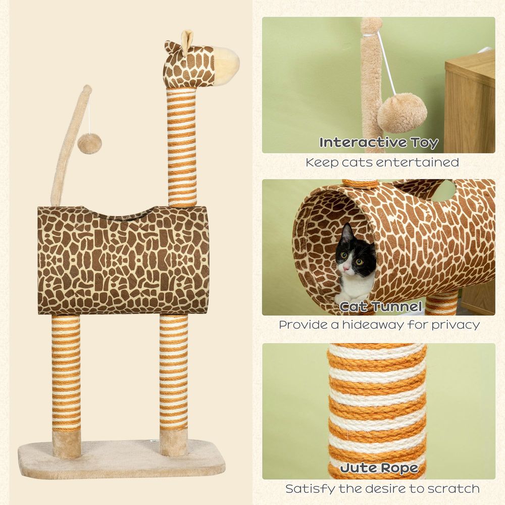 Cat Tree Cute Giraffe Kitten Play Tower W/ Scratching Posts Tunnel Ball Pawhut