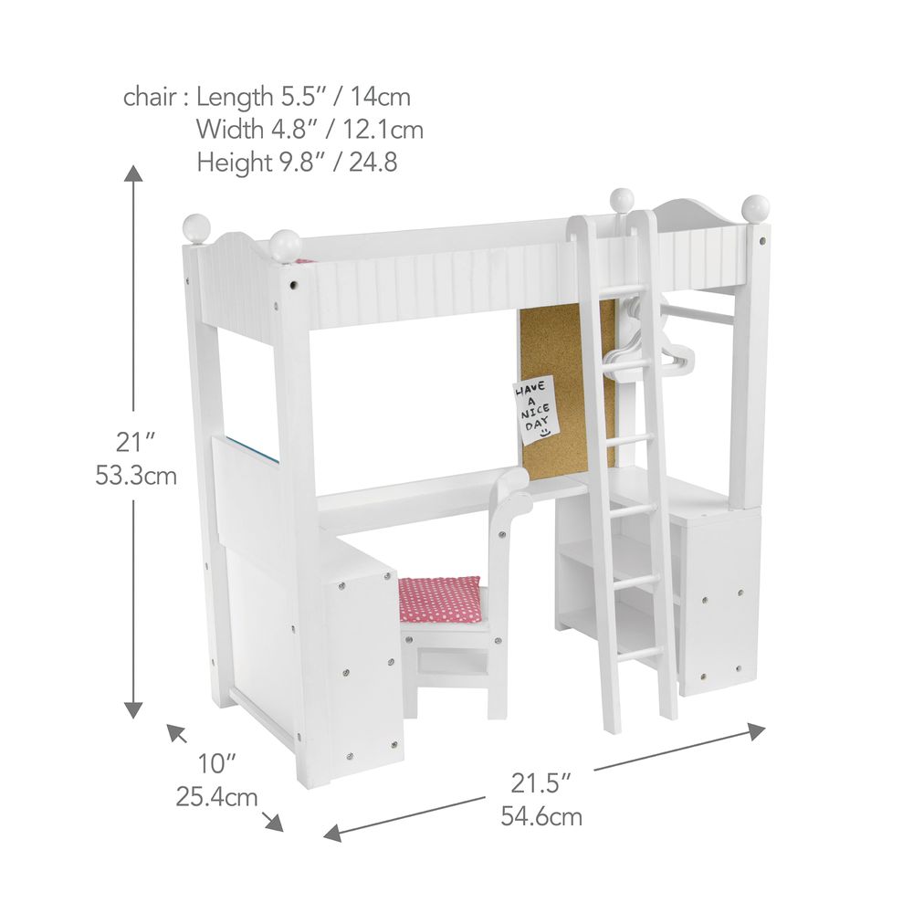 White Doll Bunk Bed with Desk Olivia's World 18" Wooden Furniture Toy TD-0204A