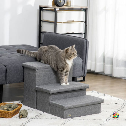 PawHut 3 Step Dog Steps with Storage Boxes, Cat Stairs for Bed Sofa, Light Grey