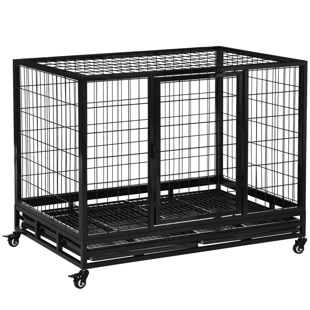 Metal Kennel Cage with Wheels and Crate Tray for Pet Dog Large Black Pawhut