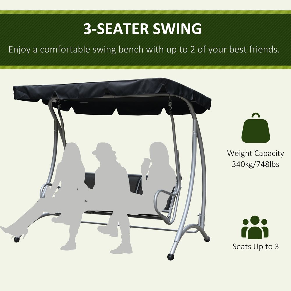 3 Person Steel Swing Chair & Adjustable Canopy - Black Seat