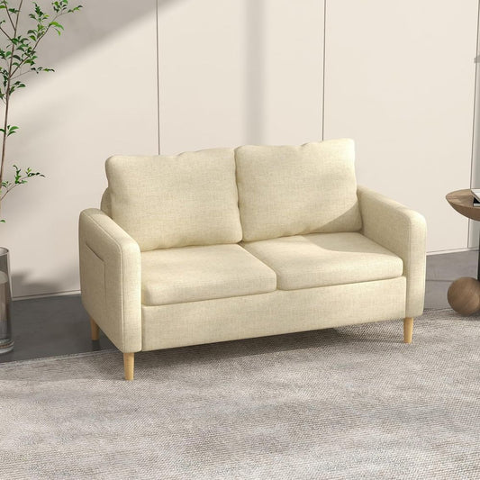 2 Seater Sofa Modern Fabric Couch with Wood Legs and 2 Pockets Beige