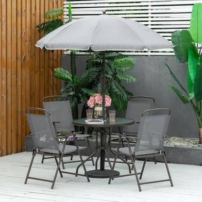 6Pc Patio Dining Set with Umbrella, 4 Folding Chairs Glass Table