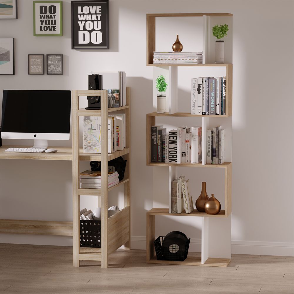 5-tier Display Shelving Storage Bookcase S Shape design Unit Natural