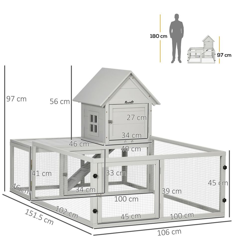 PawHut Rabbit Hutch Guinea Pig Cage w/ Slide-Out Tray, Fenced Area