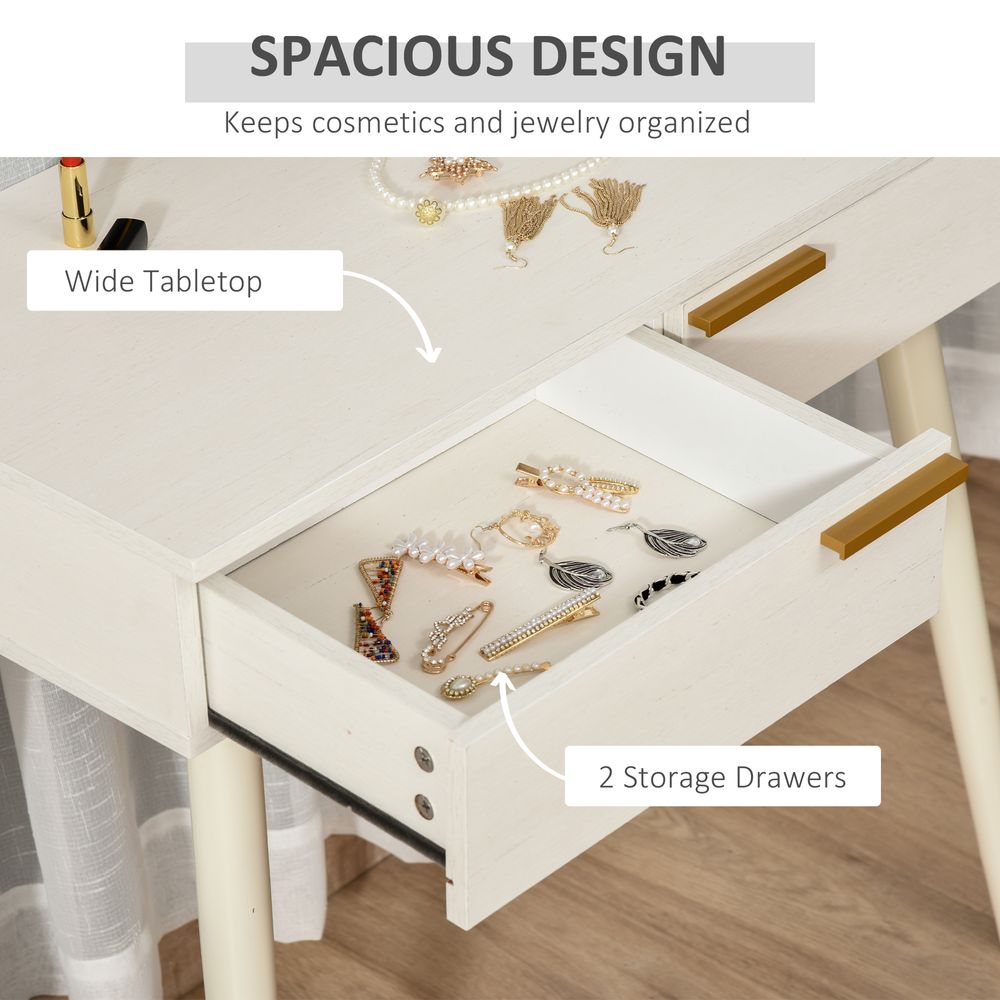 Modern Dressing Table with Round Mirror, Makeup Vanity Table with 2 Drawers White Desk w/ Mirror