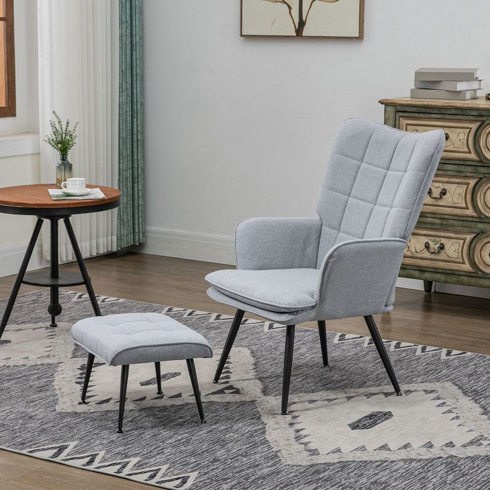 Living Room Chair with Footstool and Steel Legs, Light Grey