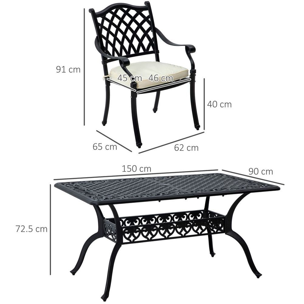 Outsunny 7-PC Cast Aluminium Patio Dining Set w/ Umbrella Hole & Cushion, Black