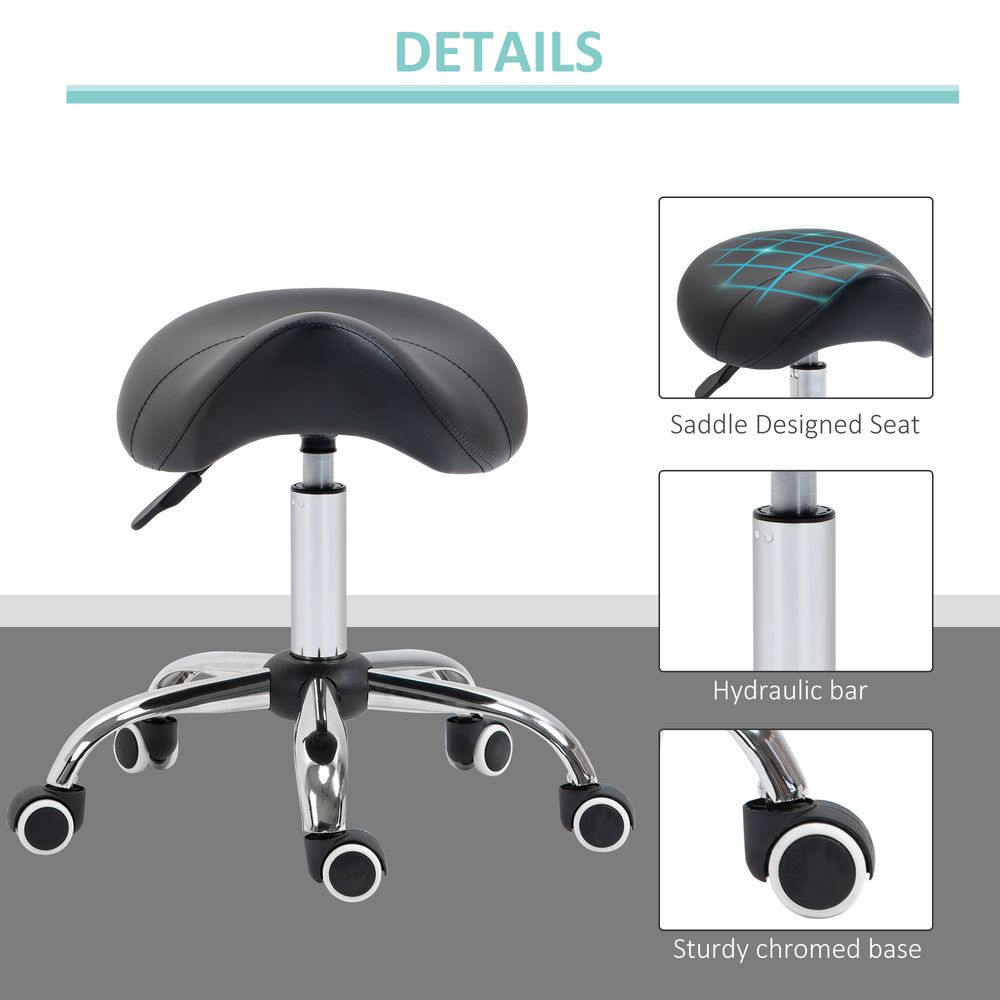 PU Leather Saddle Stool w/ Moulded Padded Seat Adjustable Height 5 Wheels Black