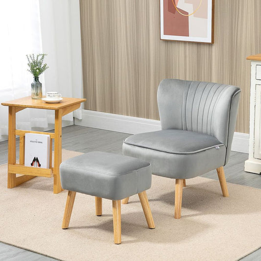 Velvet-Feel Accent Chair w/ Ottoman Tub Seat Padding Wood Legs Light Grey