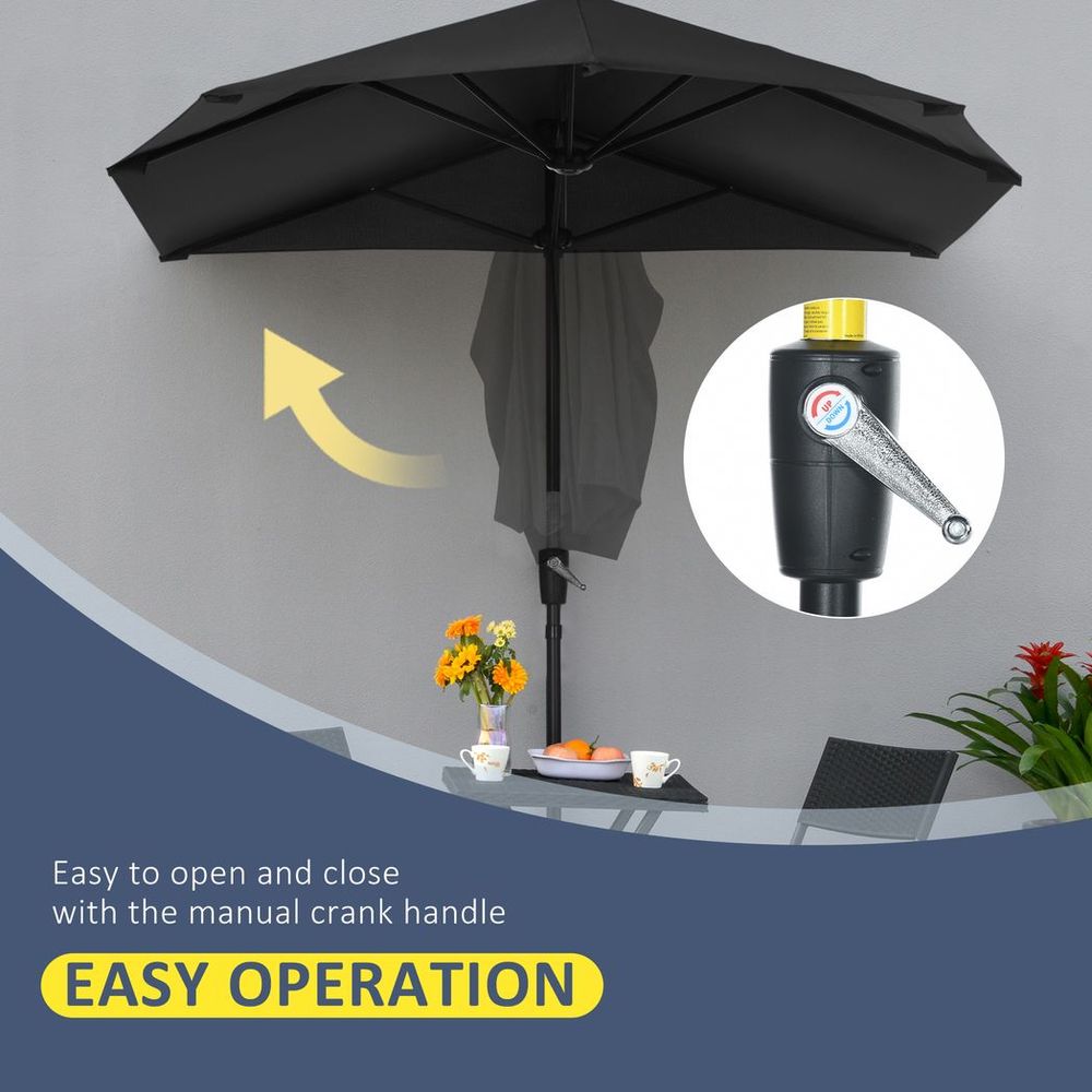 Outsunny 2m Half Garden Parasol Market Umbrella w/ Crank Handle, Base Black