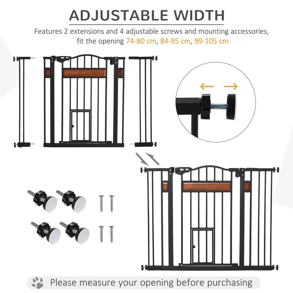 PawHut Dog Gate Pet Safety Gate Cat Door Auto Close Pine Decor 74-105 cm Wide