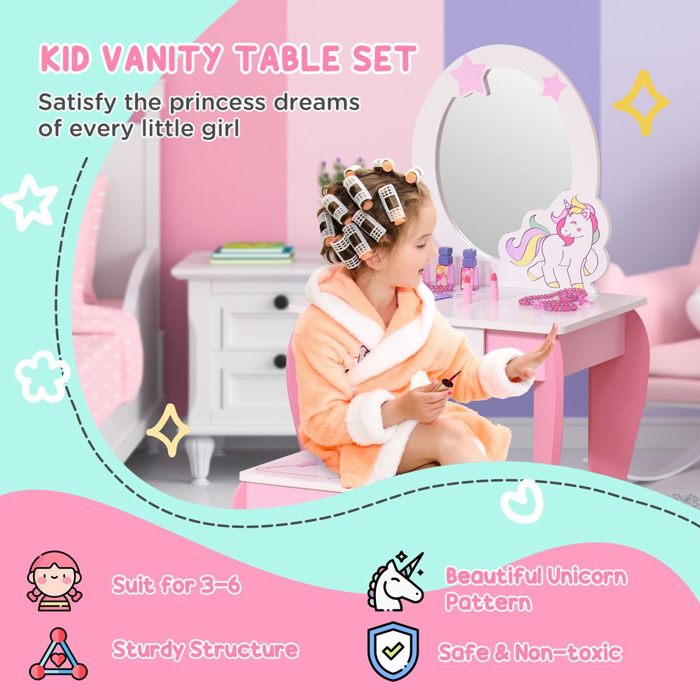 Kids Dressing Table, Girls Vanity Set w/ Mirror and Stool, Unicorn-Designed