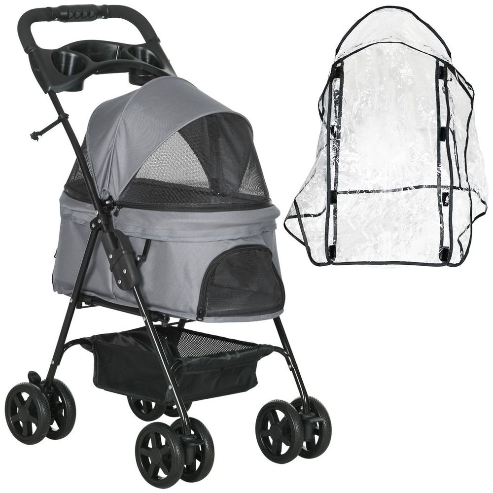 PawHut Dog Stroller with Rain Cover EVA Wheels Brake Basket Adjustable Canopy