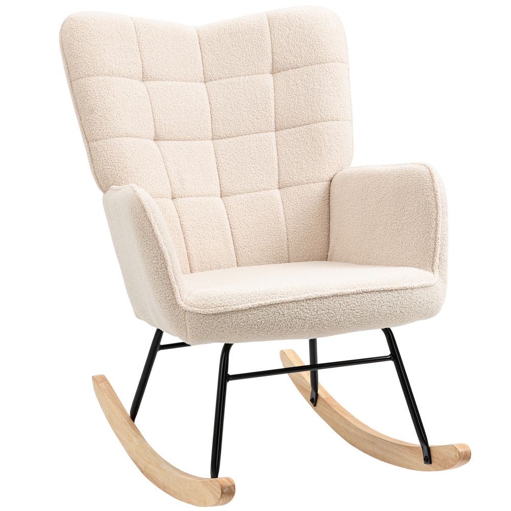 Wingback Rocking Chair for Nursing w/ Steel Frame and Wooden Base Beige