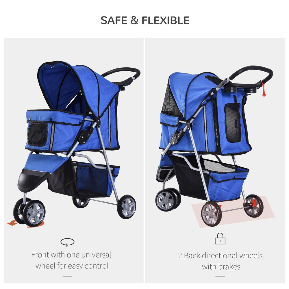 Pet Stroller Pushchair Carrier for Cat Puppy with 3 Wheels Blue Pawhut